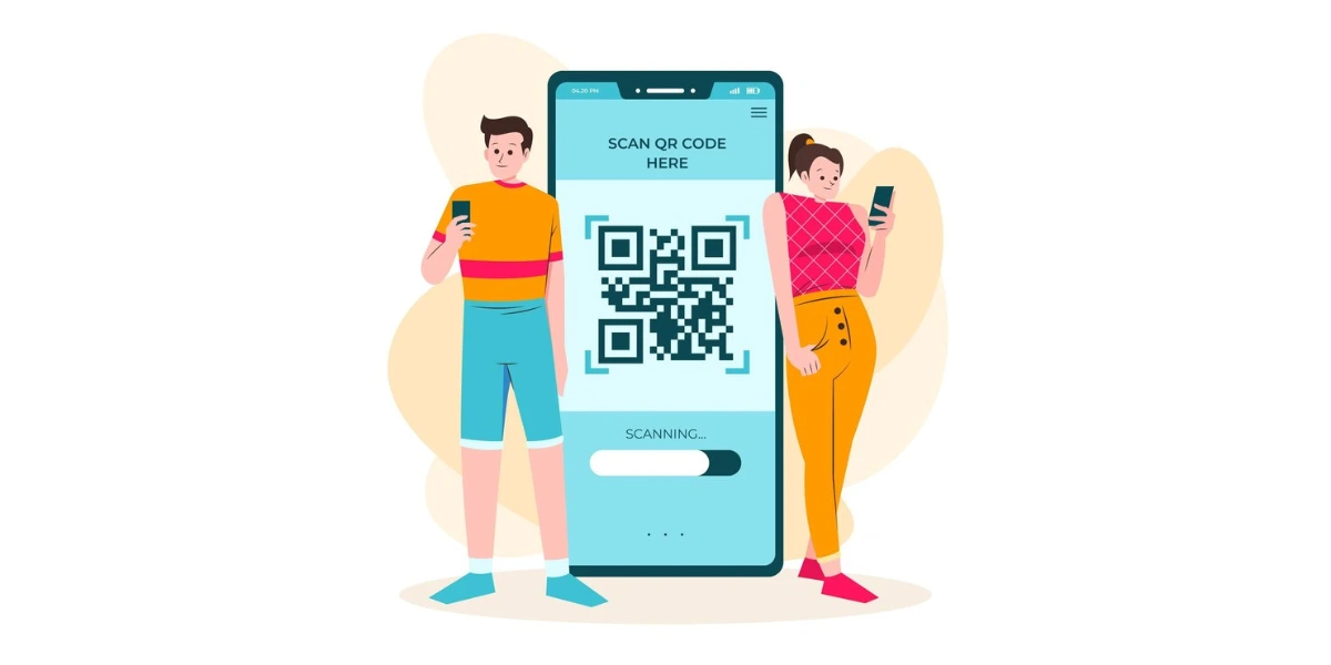 a man and a woman using their phones infront of a giant mobile screen with a QR