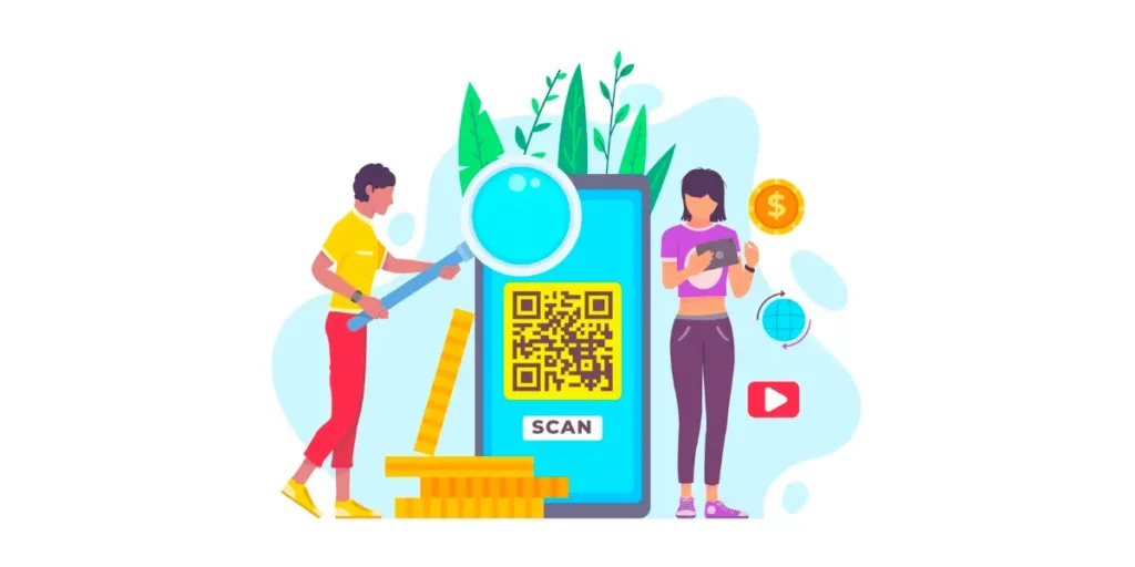 Two people, one holding a big magnifying glass, looking at a QR Code with a scan button on a phone.