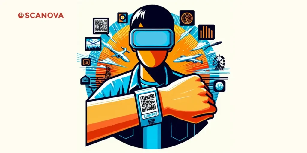 A man wearing a VR headset with a smart wristband QR Code on his arm.