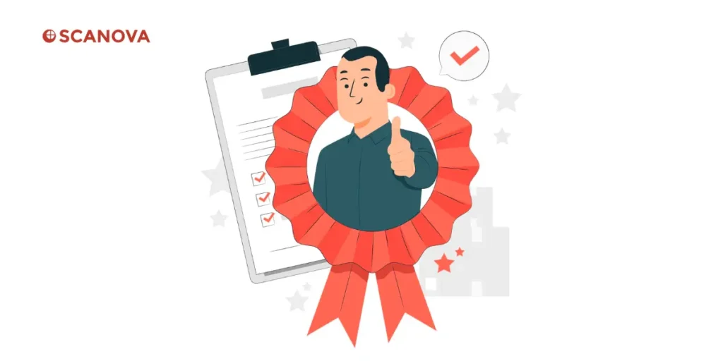 A man giving a thumbs up next to a certificate.