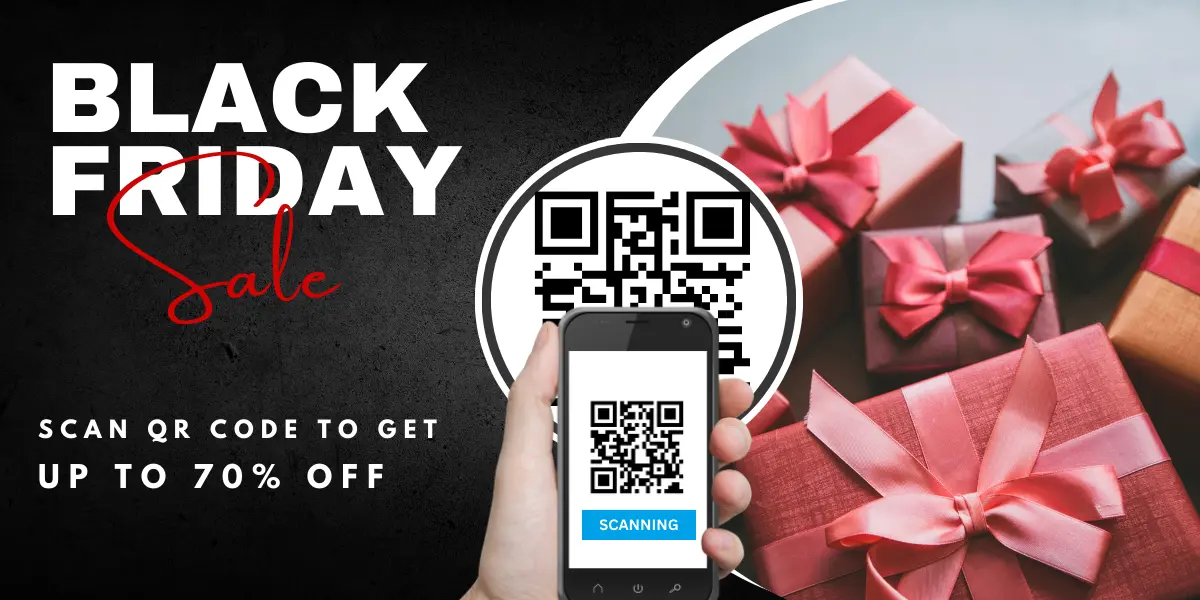 Person holding smartphone, scanning Black Friday QR code on a sale poster.