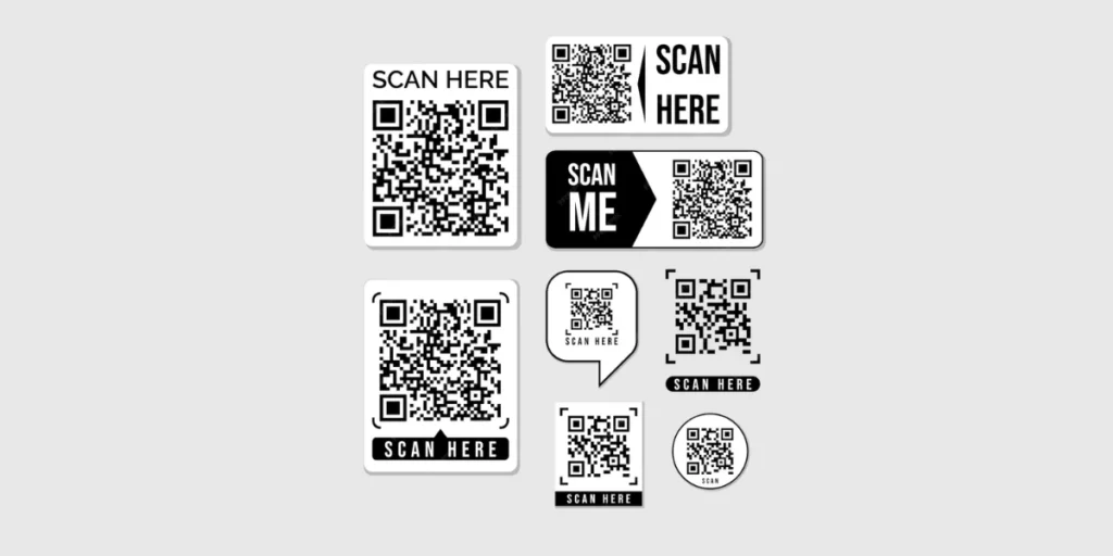 QR Code stickers with different borders, frames and sizes.
