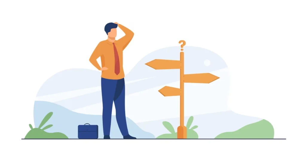A person wondering in front of a three way arrow post.