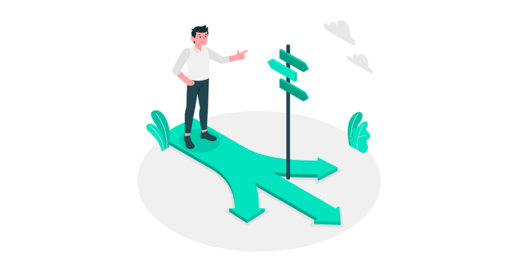 A man standing on top of a three headed green arrow.