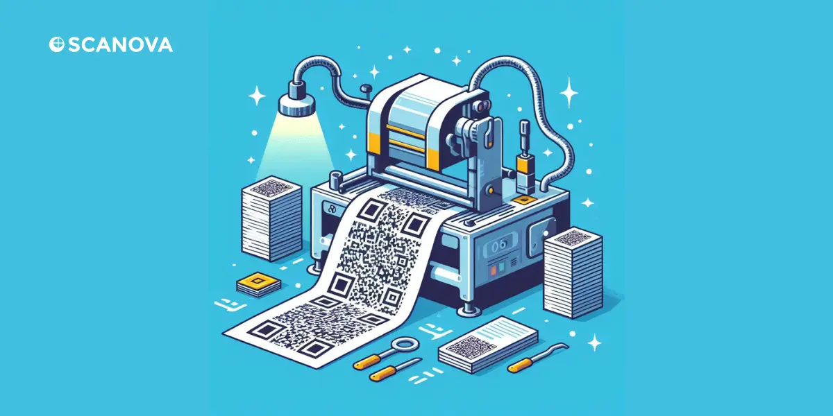 A machine printing clone QR Code with a stack of printed QR Codes beside it.