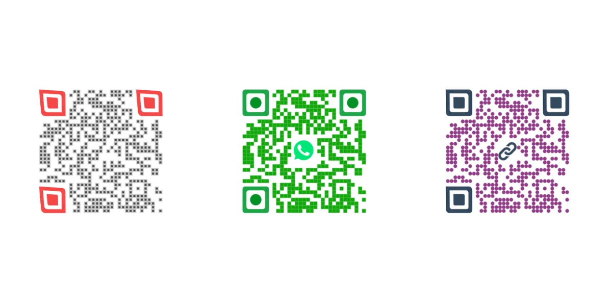 Three QR Codes of differnt colors and styles.