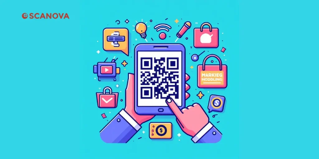 A hand holding a smart phone with a QR Code on it.