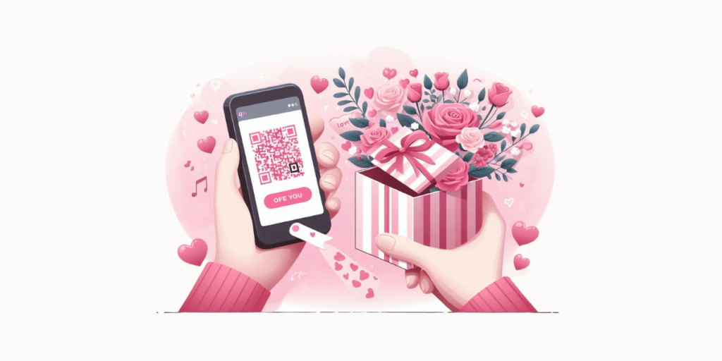 Two hands, one is holding a smartphone and the other a gift.