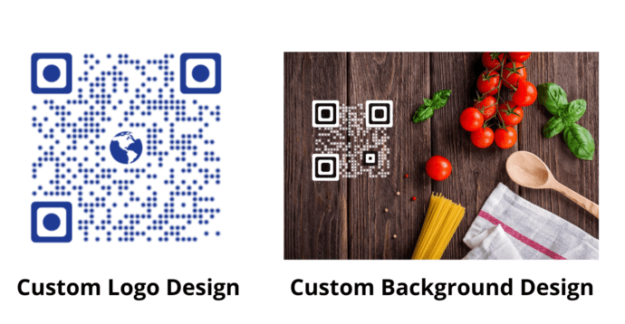 A custom logo design QR Code with colors and logo in middle and a custom background design QR Code with a background.