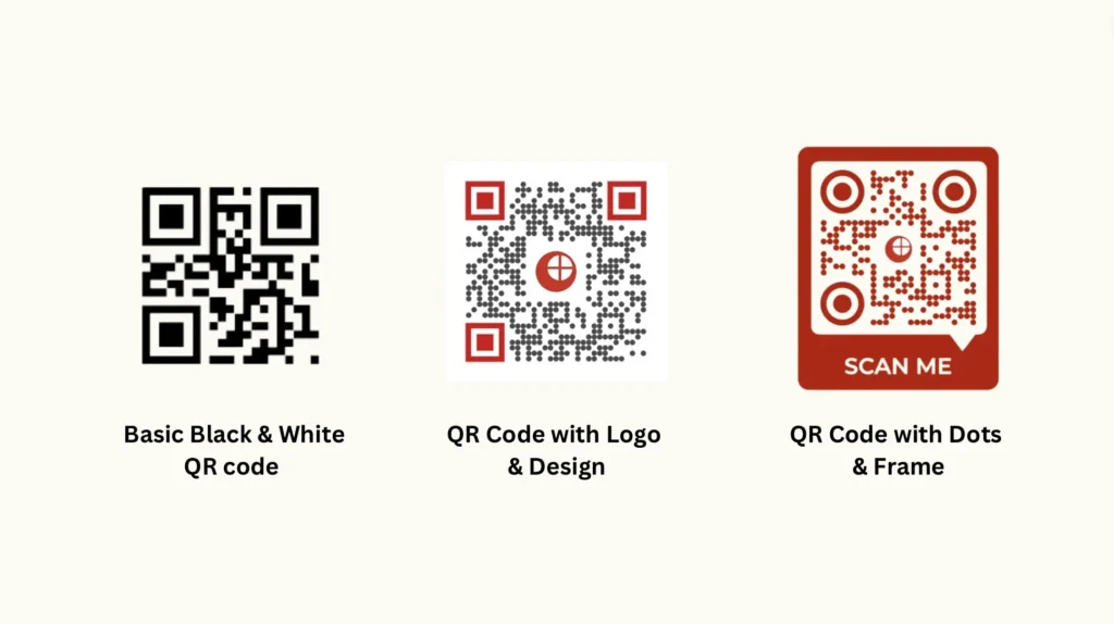 A basic black and white QR Code, a designer QR Code with logo and colors, and a QR Code with frame and dots.