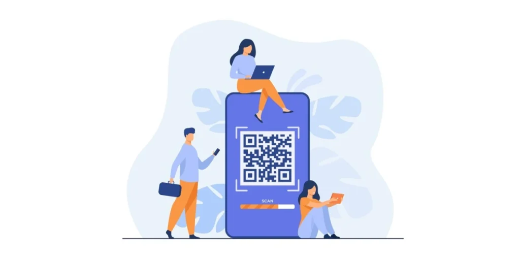 Three people around a big smartphone with a QR Code displayed on the screen.