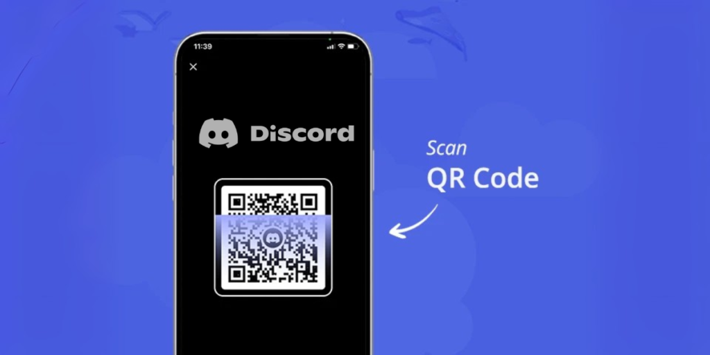 A smartphone with Discord QR Code open on it with text "Scan QR Code".