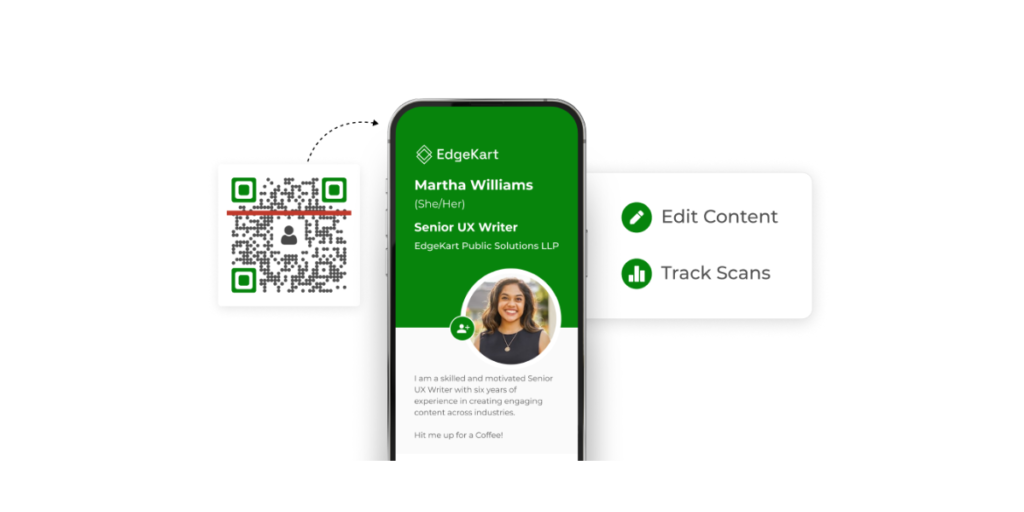 An image of digital business card on a smartphone with a QR beside it