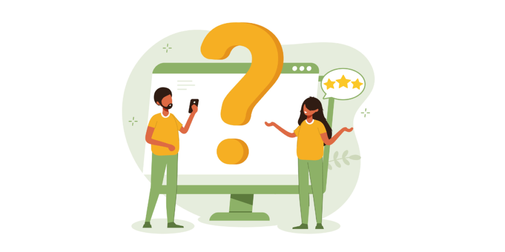 Two people standing in front of a smartphone with google reviews open on it.