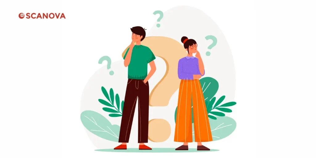 Vector image of two people wondering with question marks over their heads