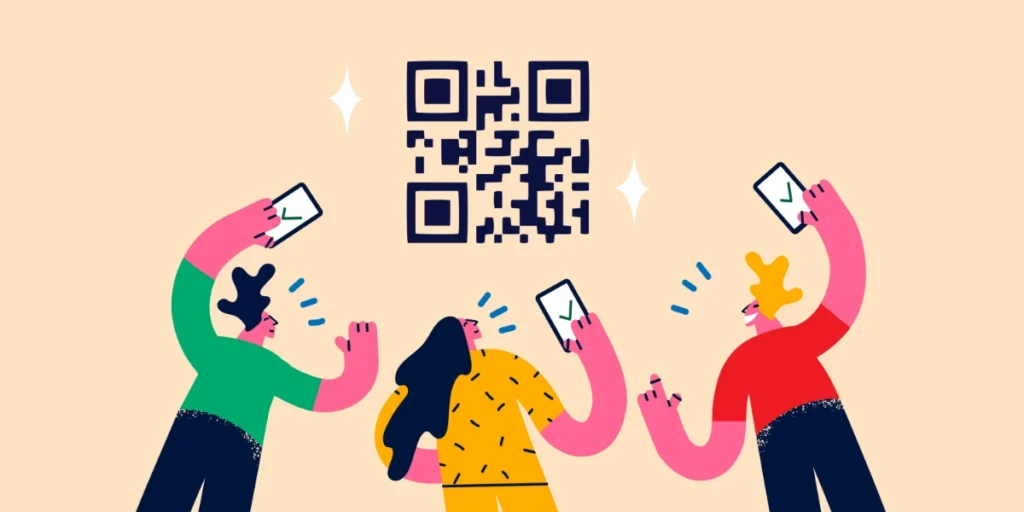 Three people scanning a QR Code with their smartphone.
