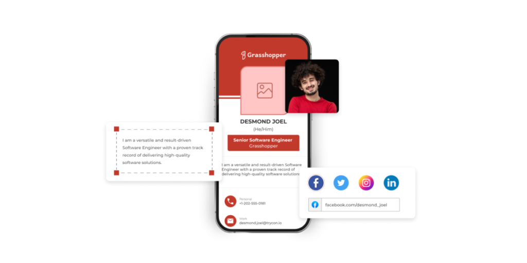 A contact info QR Code business card opened on a smartphone with follow on social media option.