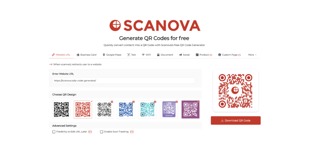 Scanova's free static QR Code generator tool's interface with design options and multiple categories.