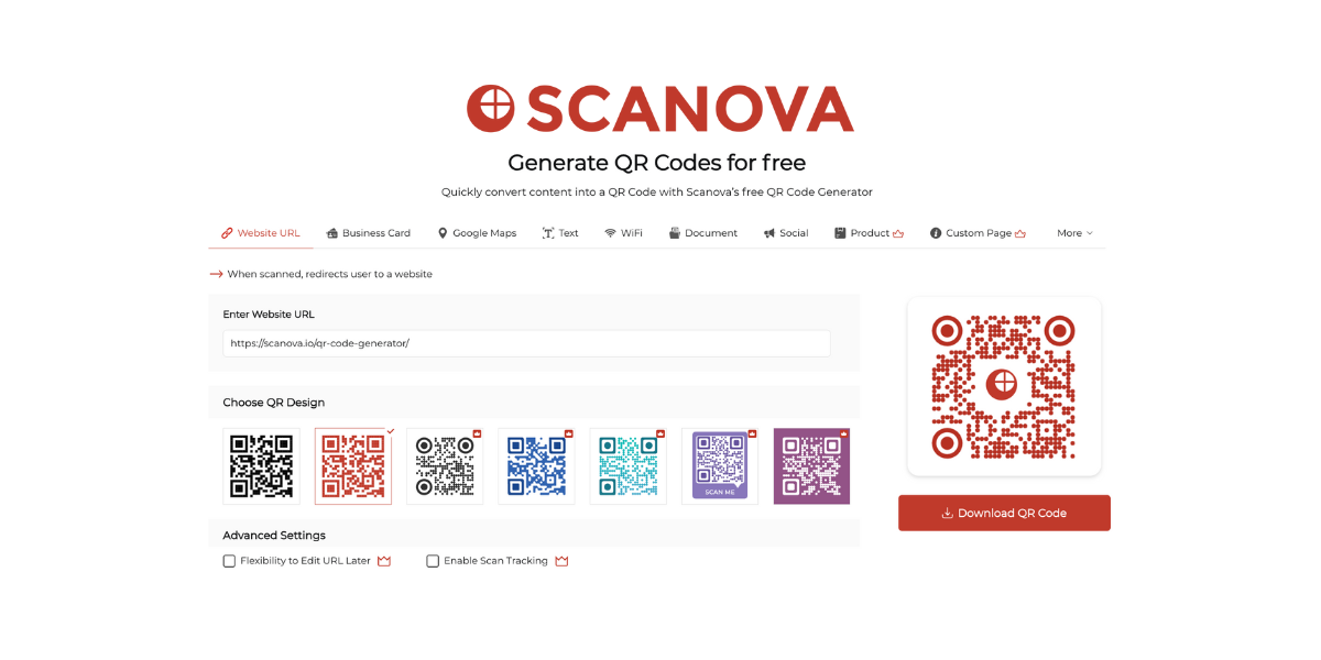 Scanova's free static QR Code generator tool's interface with design options and multiple categories.