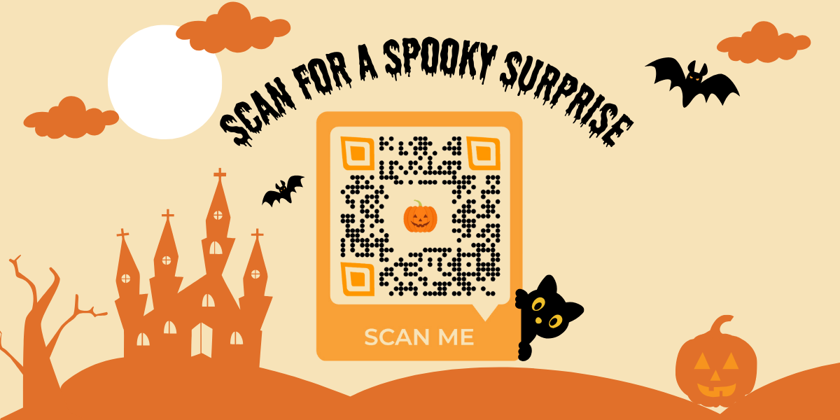 A halloween QR Code with a pumpin logo in the middle surrounded by spooky elements like bats and a black cat