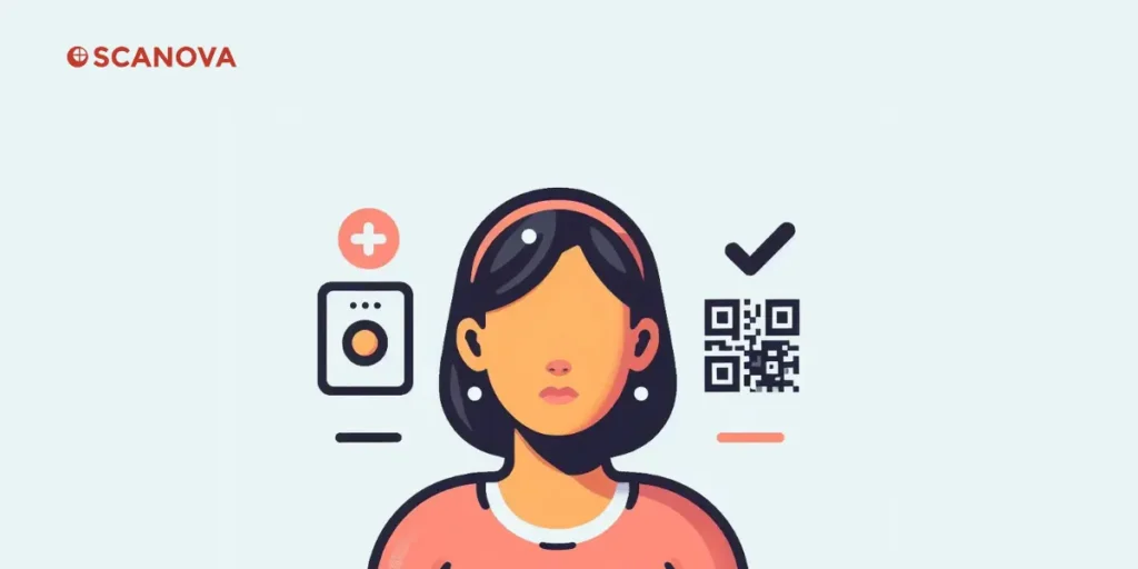 A woman sitting in between a QR Code and an ID tag.