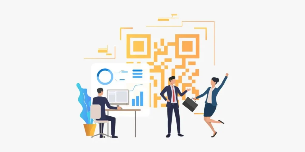 Three people sitting in an office in front of the giant QR Code.