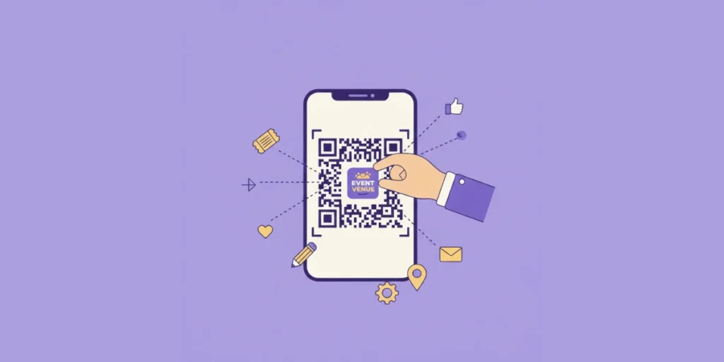 An image showing a mobile phone, with a hand interacting with a venue QR Code.