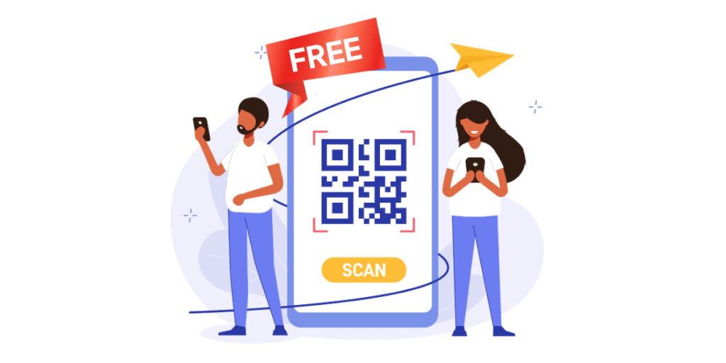 A man and a woman standing on each side of a smartphone with a qr code on it.