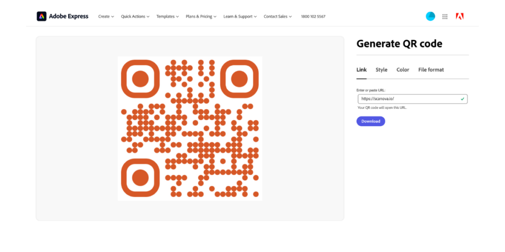 An image showing QR Code creation process of free QR Code generator Adobe's UI