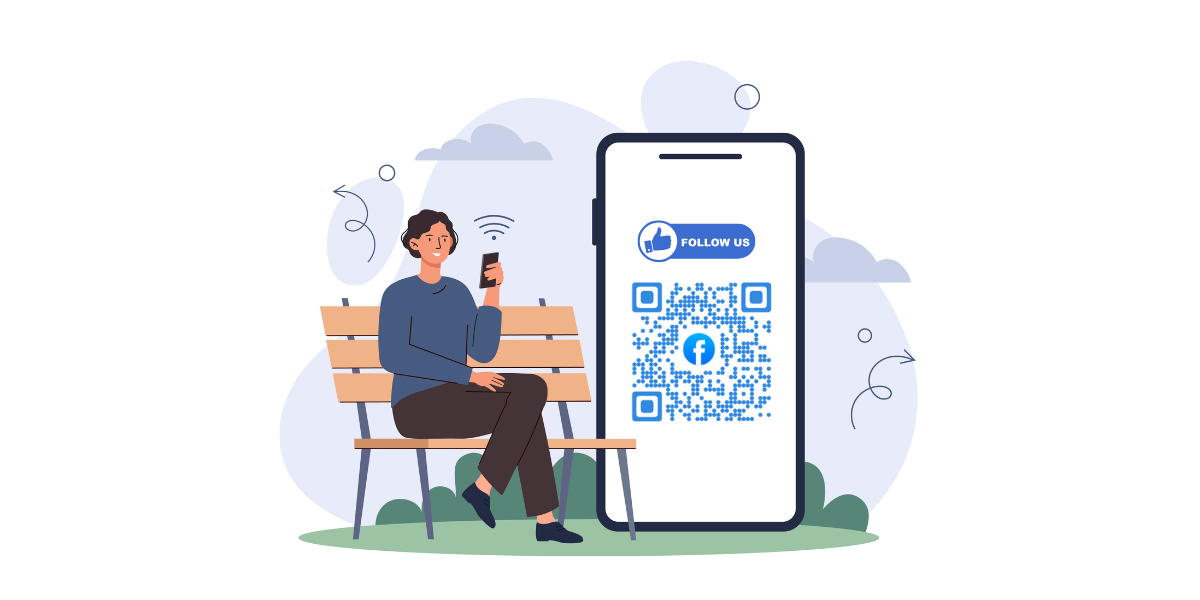 A person sitting on bench scanning a Facebook page QR Code.