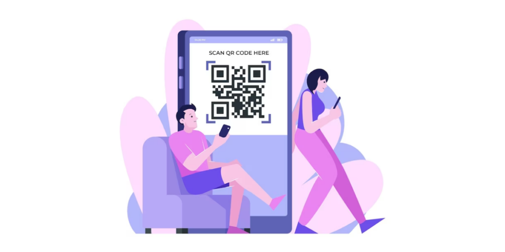 A man and woman sitting on a couch looking at a QR Code on a big smartphone.