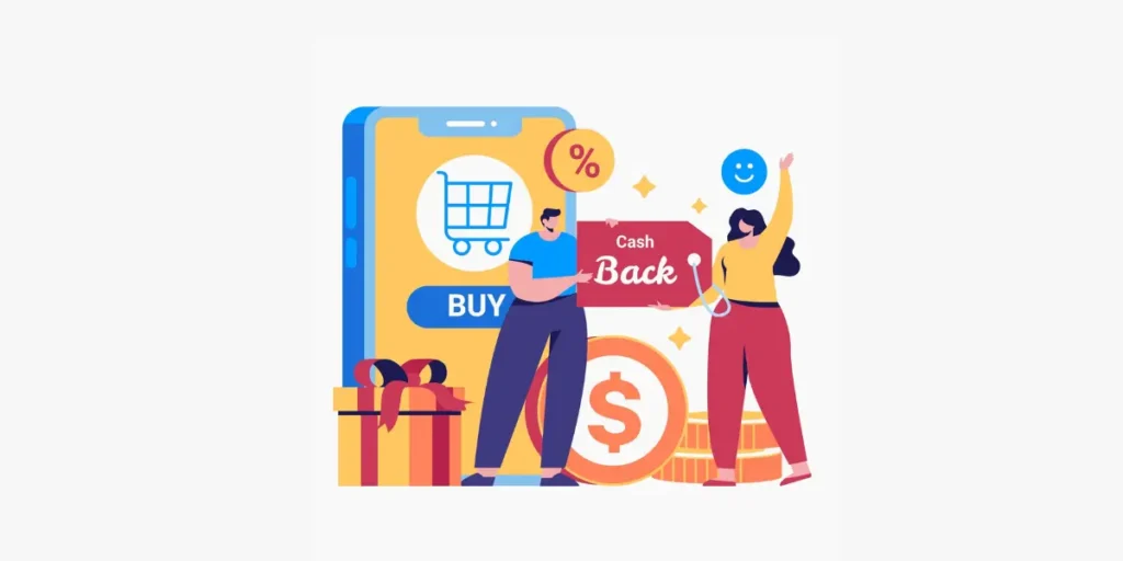 Two people standing next to each other in front of a phone checking out cashback deals.