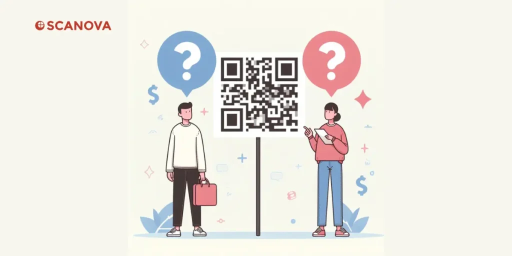 Two people standing under a sign post that has a QR Code on it.