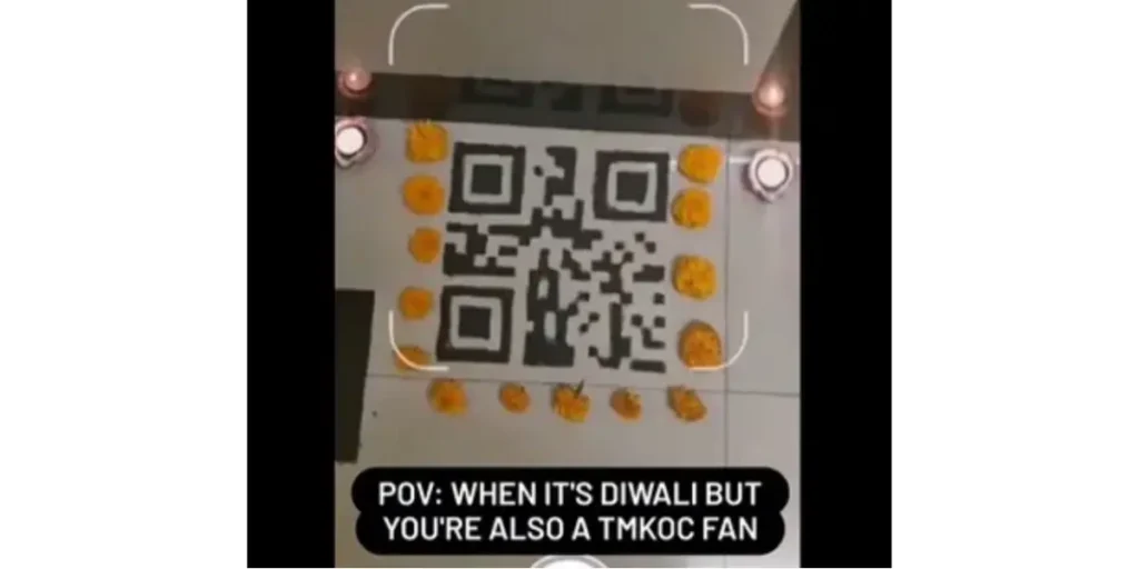 A user scanning a rangoli QR Code with the caption: "When it's Diwali, but you're also a TMKOC fan.