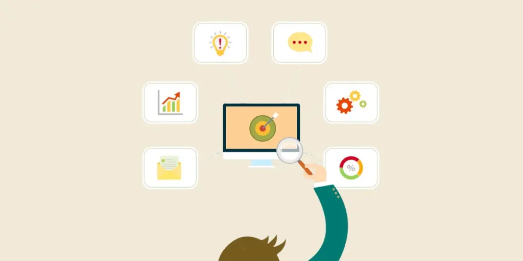 A person holding a magnifying glass in front of a computer screen with icons above it