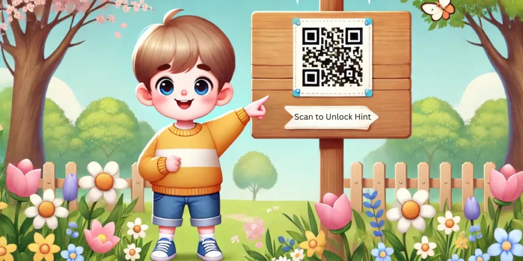 A kid pointing towards a board to scan a QR Code and unlock a hint for the Easter game