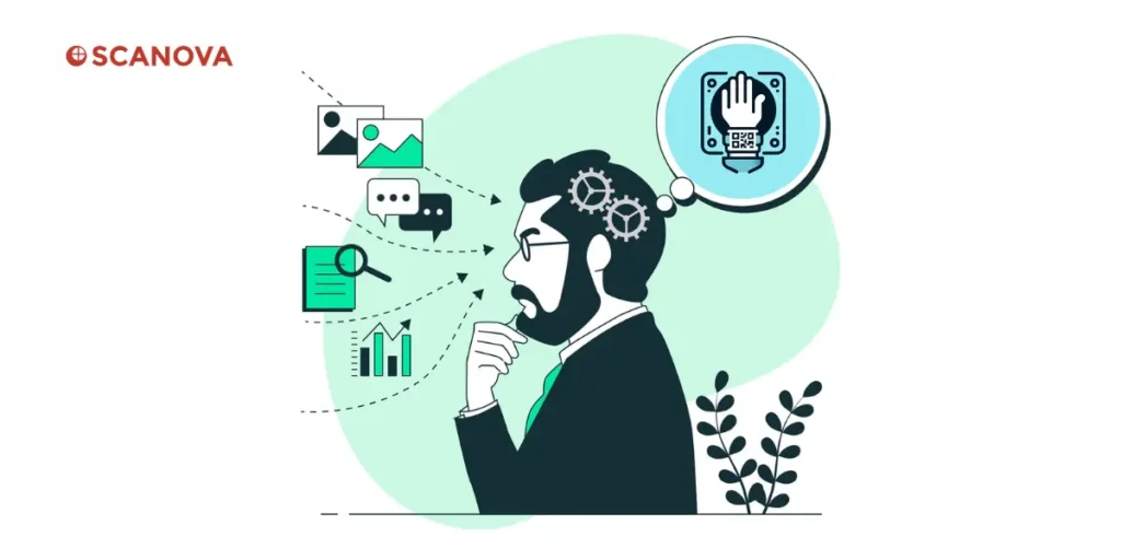 A man with a beard and a thought bubble containing a wristband QR Code above his head.