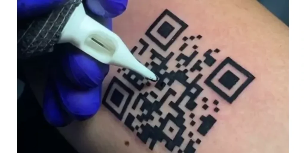 A prank QR Code tattoo on a leg.