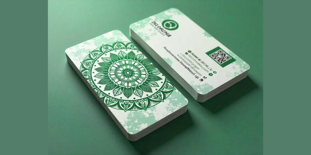Two metal business card with QR Code, having green details.