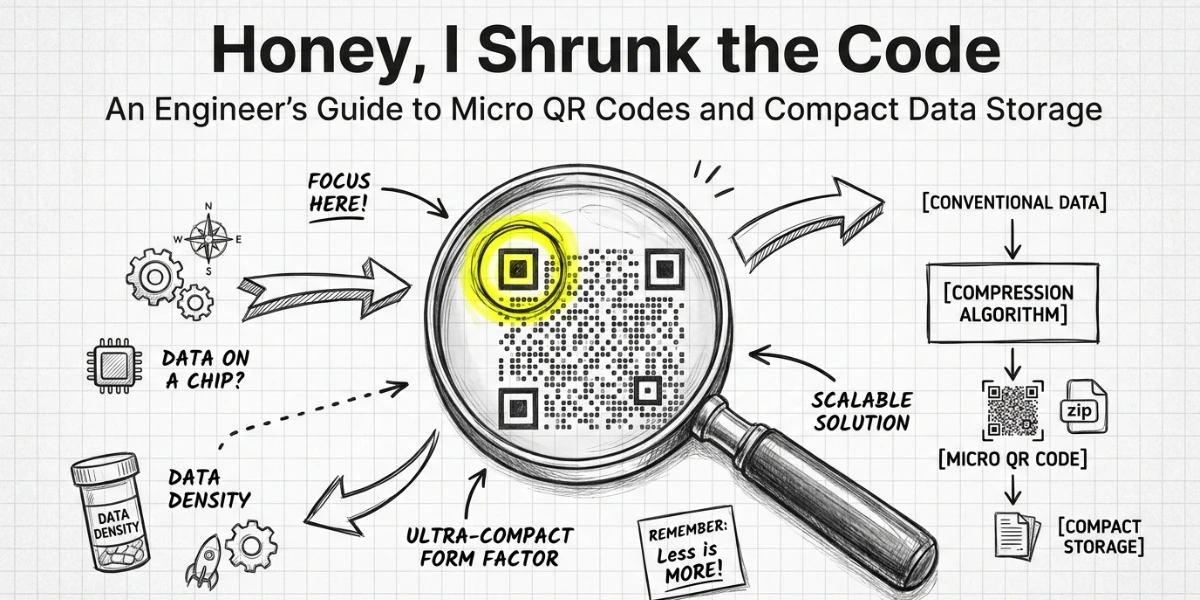 A magnifying glass over a Micro QR Code, with all the components of it explained.