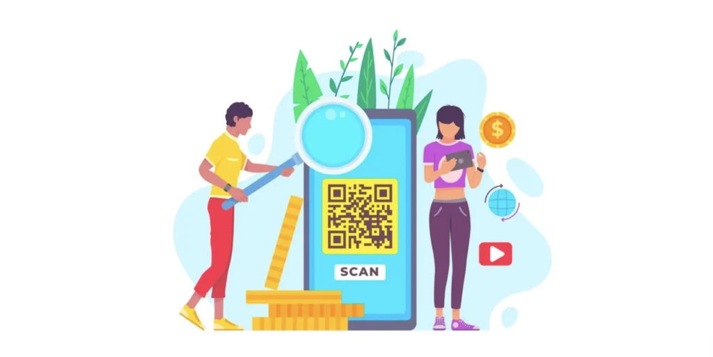 Two people, one holding a big magnifying glass, looking at a QR Code with a scan button on a phone.