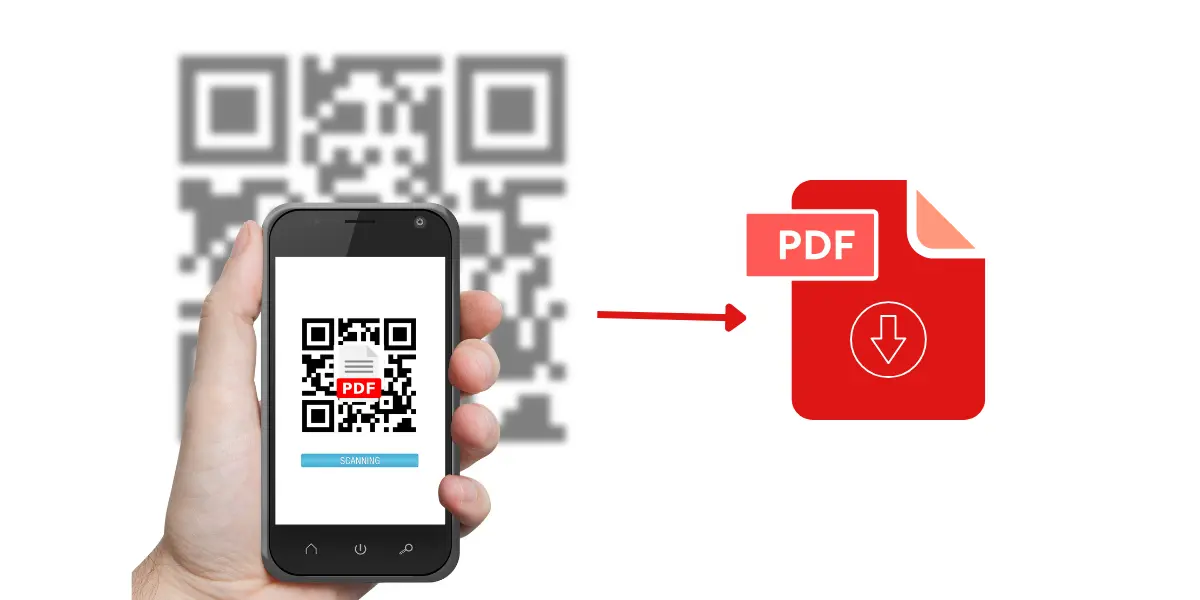 A smartphone scanning a PDF QR code, which opens a PDF file .
