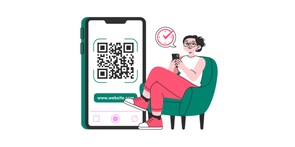 A woman sitting and scanning a permanent QR Code.