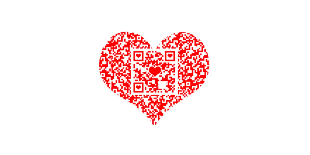 A heart shaped QR Code with a heart logo in the middle of the QR.