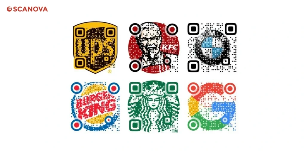 A group of different QR Codes with logos on a white background