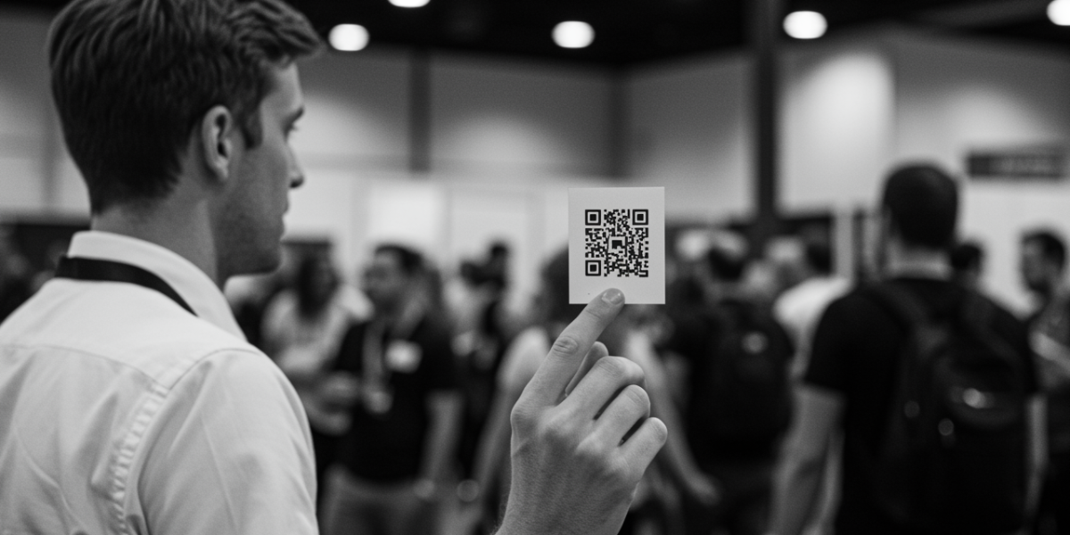 A man holding a professional QR Code imprinted on a card.