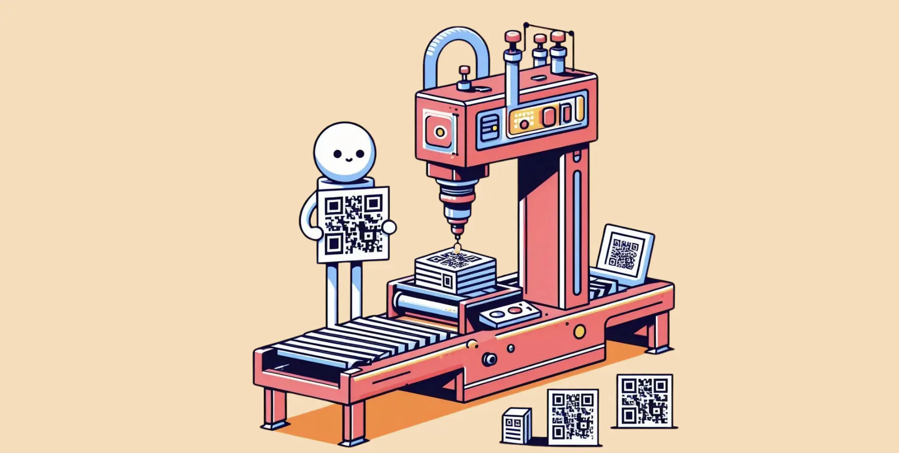 A QR Code generator app machine making QRs while a doodle person stands holding a QR.