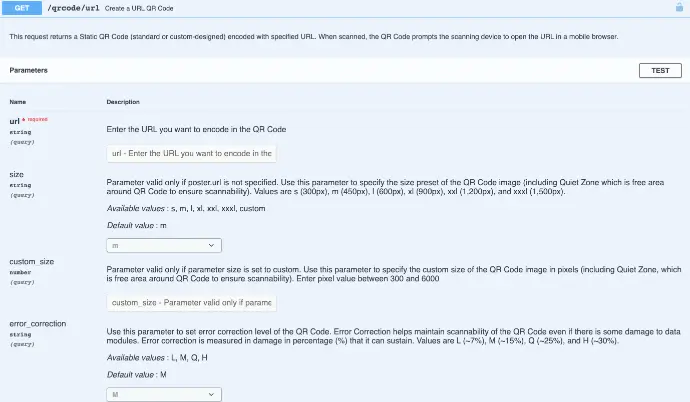 QR Code API categories