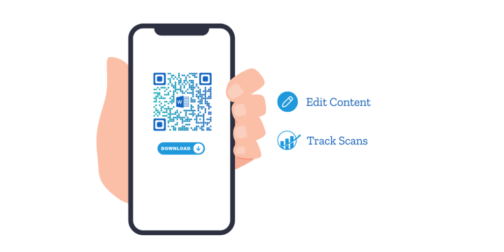 A hand holding a smartphone with a Word document QR Code on it with text "Edit Content" &amp; "Track Scans".