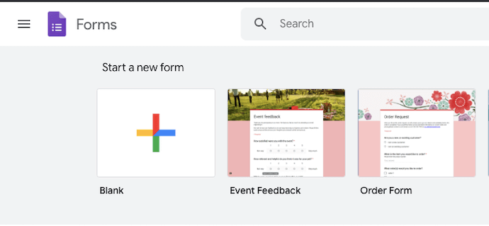 Google form home page interface.